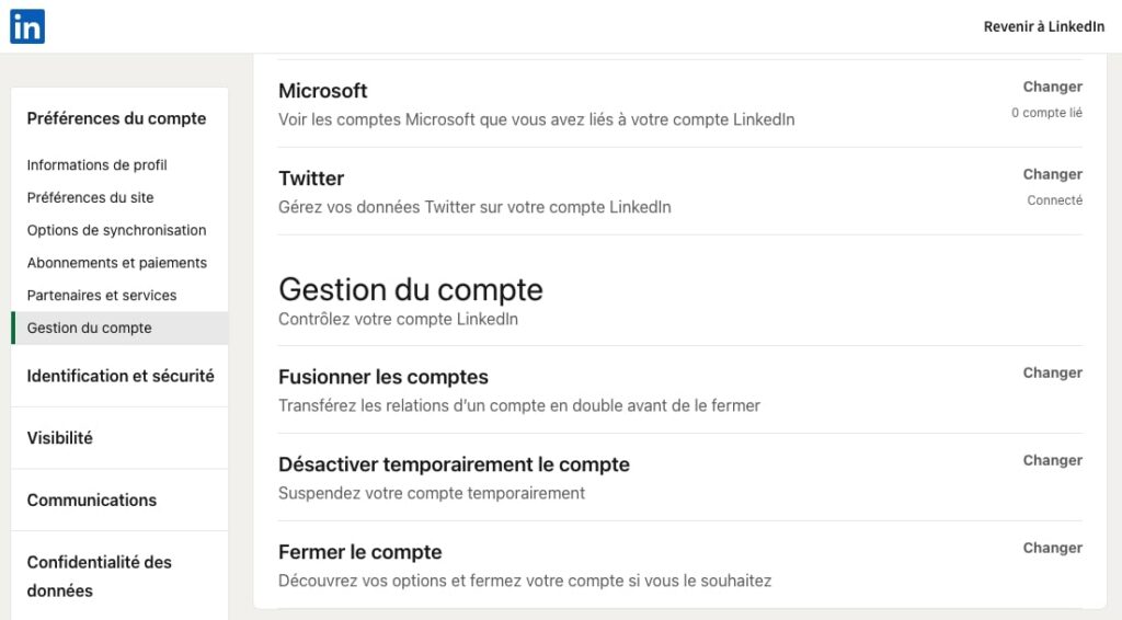 Capture d'écran sur LinkedIn avec le menu "Gestion de compte" pour désactiver temporairement un compte ou le fermer définitivement.
