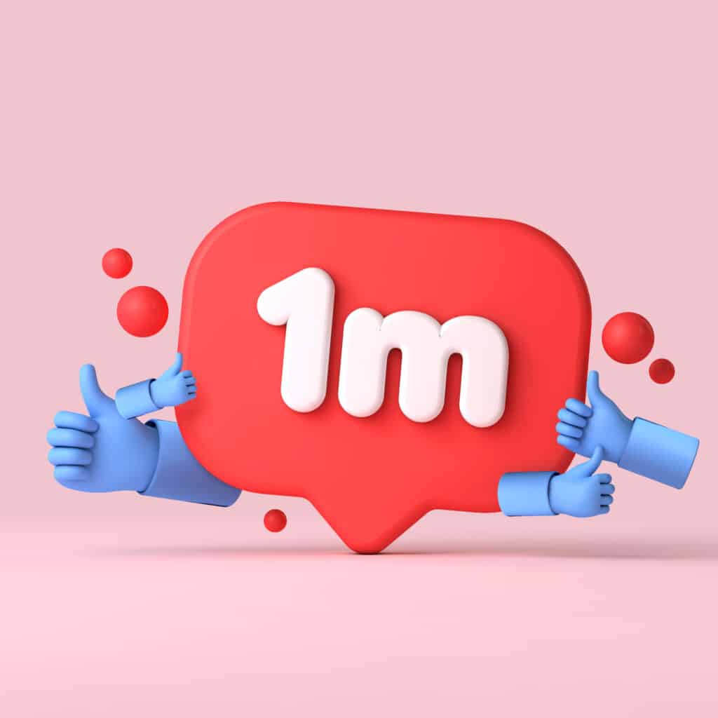 Une bannière sur les réseaux sociaux montrant 1 millions d'abonnés avec des pouces bleus levés en 3D.